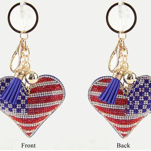 American Flag Heart Puffy Tassel Key Chain with Rhinestones on both sides